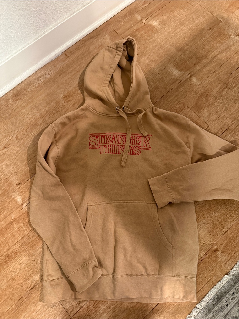 Netflix Tan Crewneck Hoodie with Red Stranger Things Logo